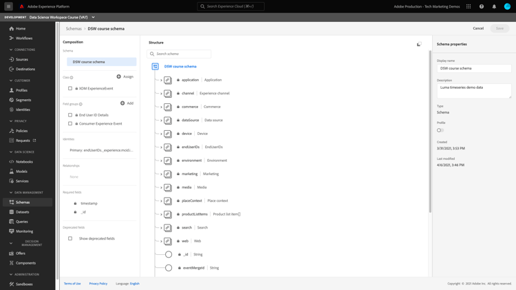 anteprima dello schema dati web luma