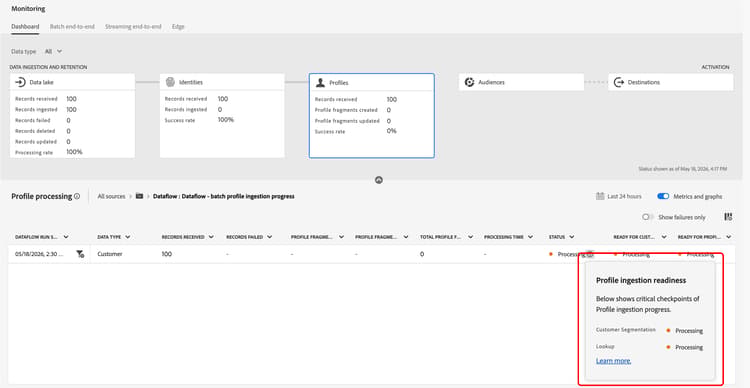 Il fumetto di preparazione all'acquisizione del profilo è evidenziato nel dashboard di monitoraggio.