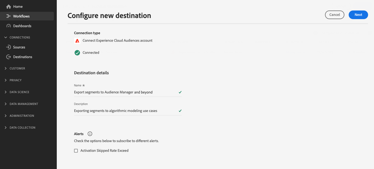 Configura la nuova schermata di destinazione con le impostazioni richieste e facoltative per la connessione alla destinazione Tipi di pubblico di Experience Cloud.