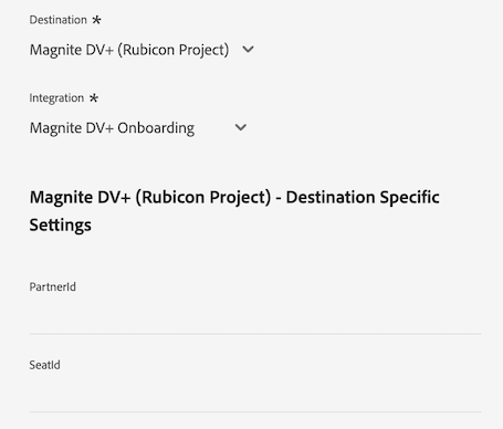 Immagine dellinterfaccia utente di Platform che mostra i campi dati del cliente per la destinazione Magnite DV+.