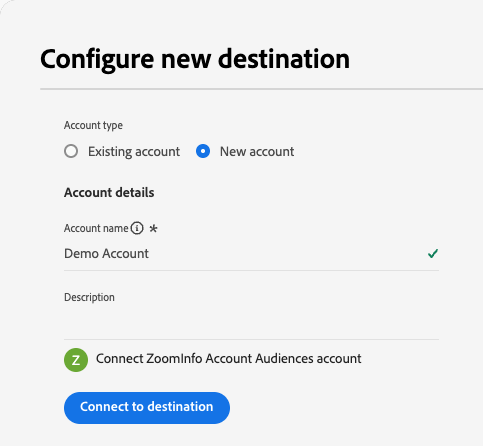 Nella pagina Configura nuova destinazione sono visualizzati l'opzione Nuovo account e i campi Nome account e Descrizione.