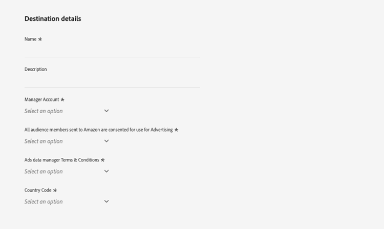 Campi di configurazione della destinazione Amazon Ads in Experience Platform
