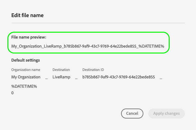 Schermata dellinterfaccia utente di Platform che mostra il modello di nome file esportato.