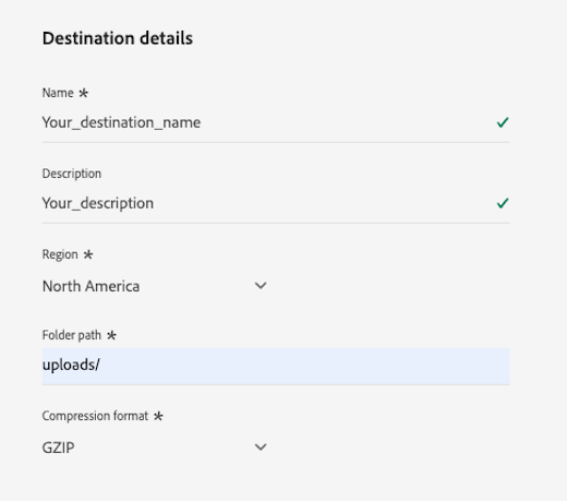 Schermata dellinterfaccia utente di Platform che mostra come compilare i dettagli per la destinazione