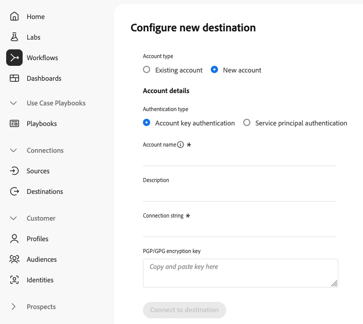 Immagine della schermata dell'interfaccia utente che mostra i campi completati per i dettagli di autenticazione della chiave dell'account BLOB di Azure