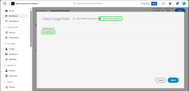 Schermata dellinterfaccia utente di Experience Platform che mostra la mappatura di Target per le-mail.