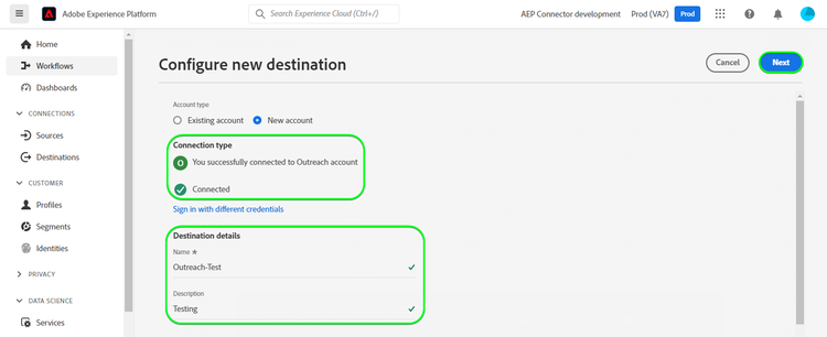 Schermata dellinterfaccia utente di Platform che mostra come compilare i dettagli per la destinazione di Outreach.