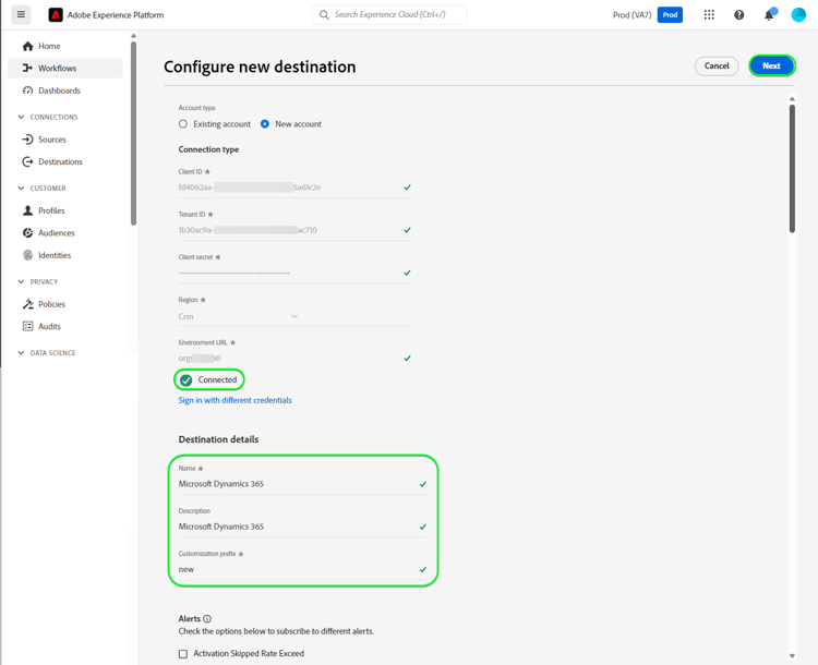 Schermata dellinterfaccia utente di Experience Platform con i dettagli della destinazione.