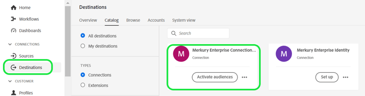 La scheda di destinazione Connessioni Enterprise di Merkury è evidenziata nel catalogo delle destinazioni di Experience Platform.