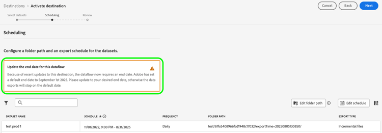 Flussi di dati di esportazione del set di dati con notifica di scadenza