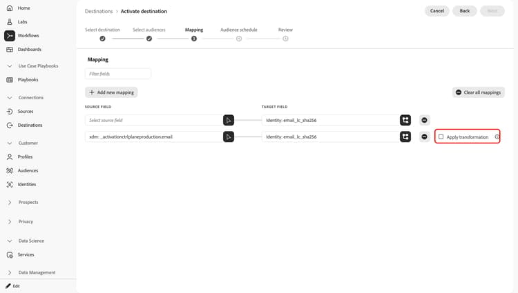 Applica controllo di trasformazione evidenziato nel passaggio di mappatura identità.