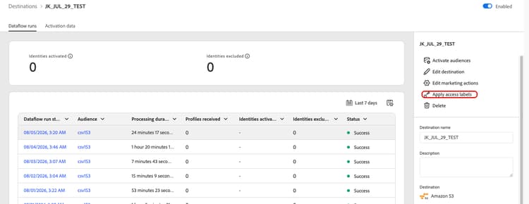 Immagine dell'interfaccia utente di Experience Platform che mostra l'opzione di esecuzione del flusso di dati Esporta set di dati.