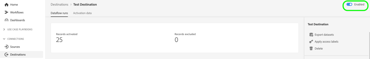 Experience Platform immagine dellinterfaccia utente che mostra linterruttore di esecuzione del flusso di dati abilitato/disabilitato.