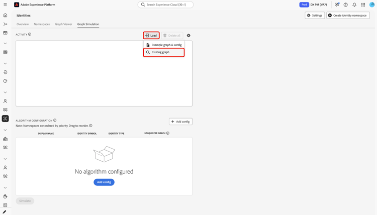 Menu Carica espanso con il grafico esistente selezionato per importare un grafico già archiviato in Identity Service.