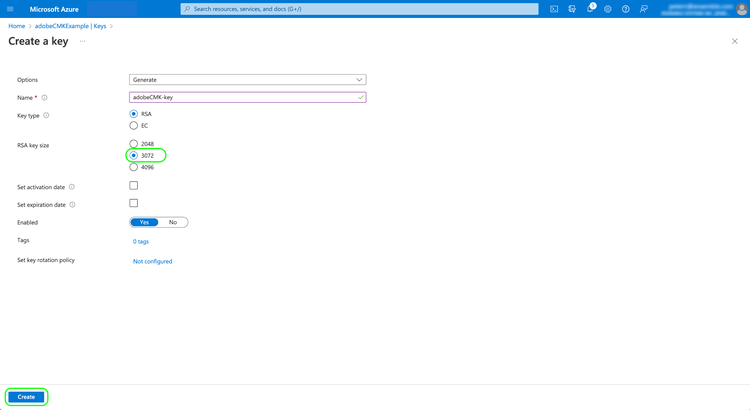 Dashboard Create a key con 3072 bit evidenziati.