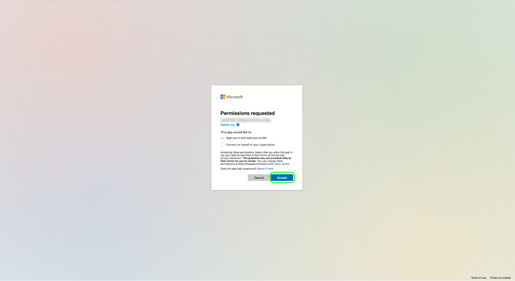 Finestra di dialogo per la richiesta di autorizzazione di Microsoft con Accept evidenziato.