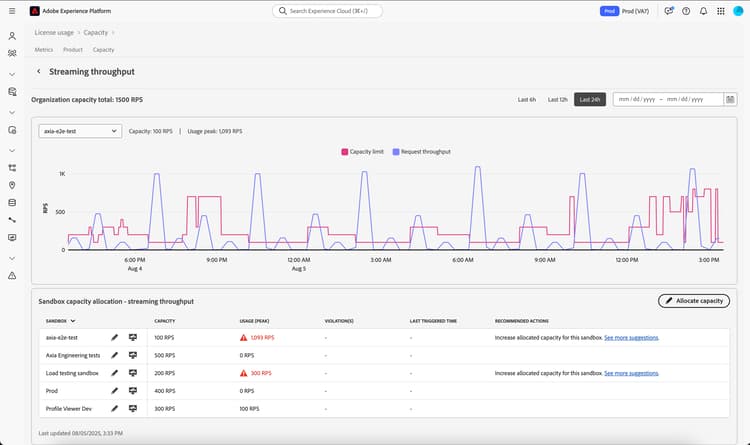 Viene visualizzata la pagina della velocità effettiva di streaming, con informazioni dettagliate sulla velocità effettiva di streaming per la sandbox selezionata.