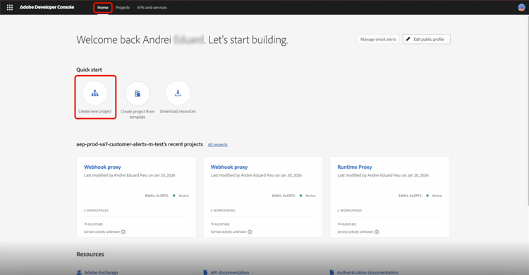 Developer Console evidenzia la scheda Home e Crea progetto da modello.