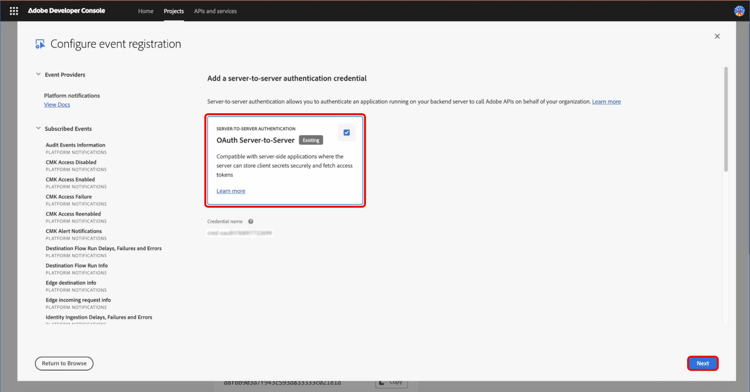 La pagina Aggiungi eventi mostra la selezione delle credenziali di autenticazione server-to-server.