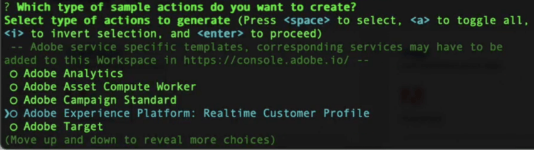 Terminale che mostra il tipo di azioni di esempio con Adobe Experience Platform: Profilo cliente in tempo reale selezionato.