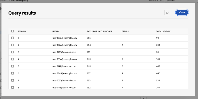 Finestra di dialogo Risultati query per la query rfm_model_segment esplorativa.