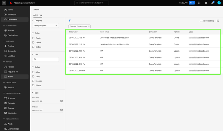 Dashboard dei controlli di audit con il registro attività filtrato evidenziato.