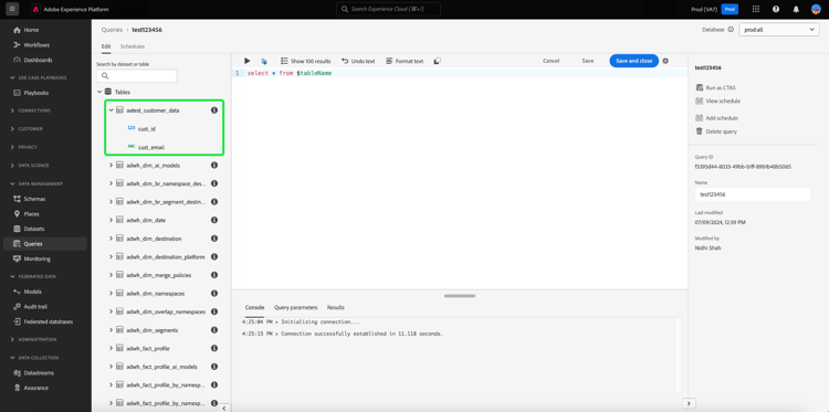 Leditor delle query con lelenco delle tabelle filtrate visualizzato.