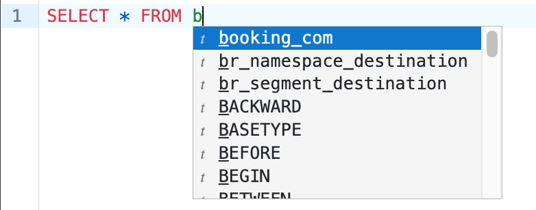L’input dell’editor delle query che visualizza i suggerimenti per i nomi delle tabelle a discesa.
