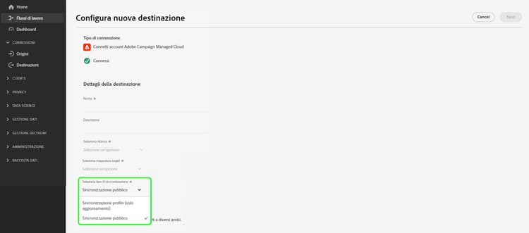 Nuovo selettore Seleziona tipo di sincronizzazione evidenziato.