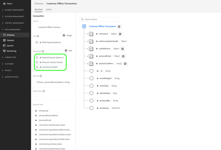 Schema transazioni cliente offline con gruppi di campi evidenziati