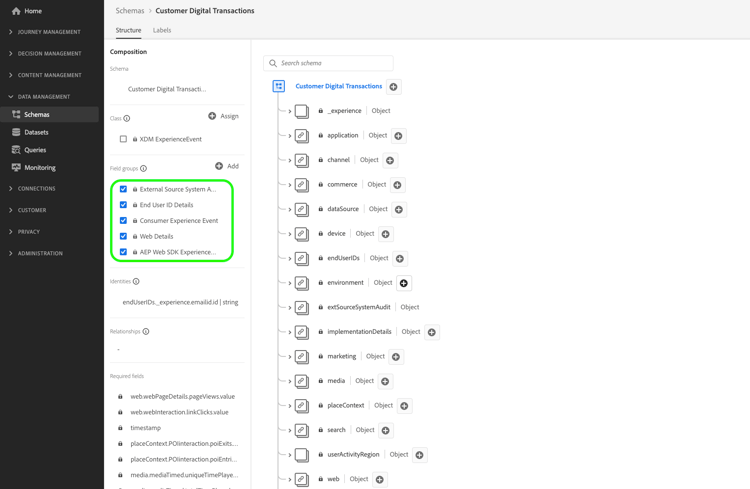 Schema transazioni digitali cliente con gruppi di campi evidenziati