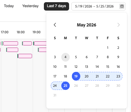 Il selettore degli intervalli di date degli ultimi 7 giorni nelle pianificazioni di lavoro mostra un pop-up del calendario per maggio 2026 con un intervallo di sette giorni evidenziato dal 19 maggio al 25 maggio.