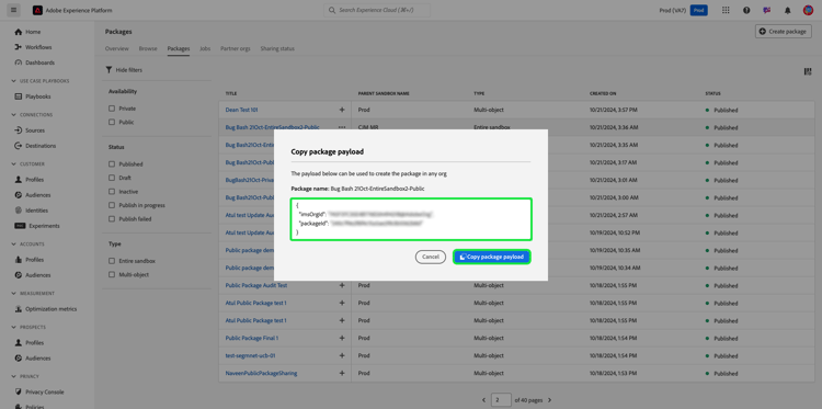 Finestra di dialogo Copia payload pacchetto che mostra il payload JSON con il payload del pacchetto Copy evidenziato.