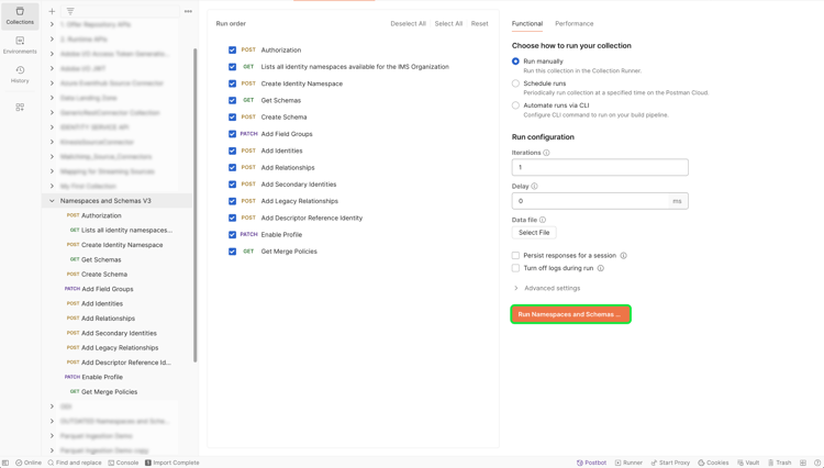 Linterfaccia Runner dellinterfaccia utente di Postman con diverse richieste nella raccolta di spazi dei nomi e schemi selezionata e il pulsante Esegui spazi dei nomi e schemi evidenziato a destra.
