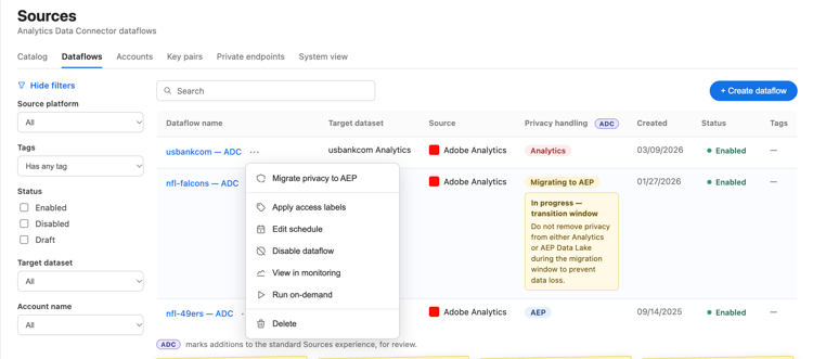 Il menu del flusso di dati include l'azione Migra privacy ad AEP.