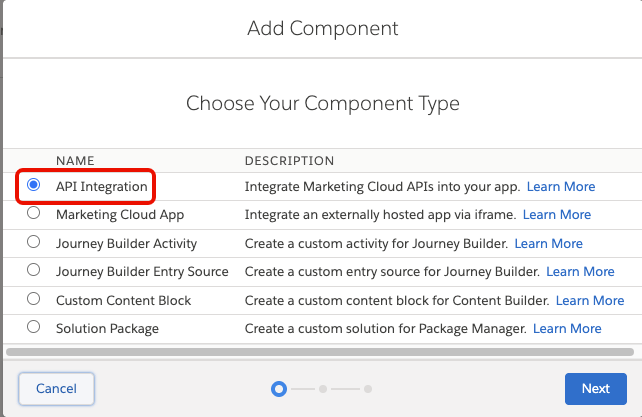 Finestra di selezione dei componenti con Integrazione API selezionata.