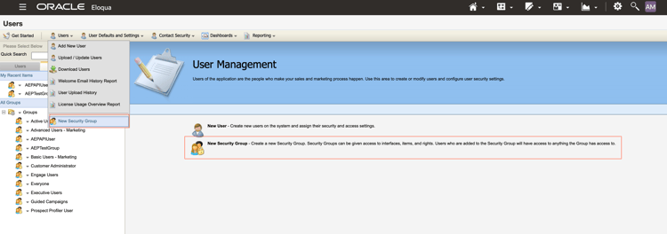 Dashboard di gestione utenti in Eloqua.