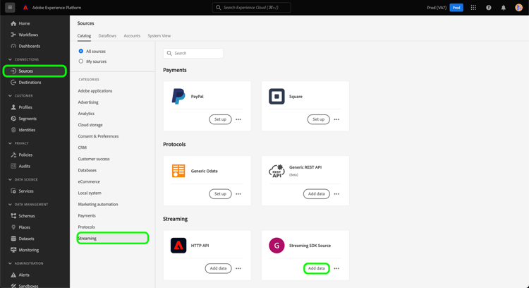 Catalogo origini Experience Platform
