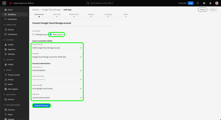 Nella schermata dell’interfaccia utente di Platform viene visualizzata la pagina del nuovo account per un’origine di archiviazione cloud Google.