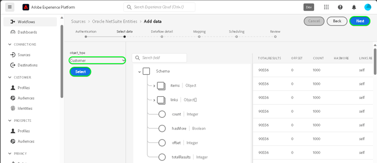 Schermata dellinterfaccia utente di Experience Platform per le entità Netsuite Oracle che mostra la configurazione con lopzione Cliente selezionata