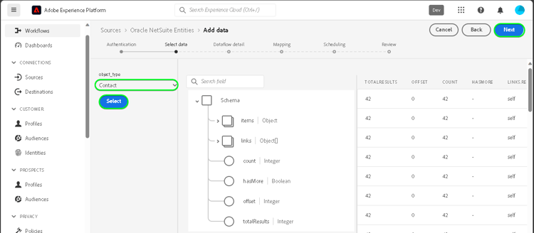 Schermata dellinterfaccia utente di Experience Platform per le entità Netsuite Oracle che mostra la configurazione con lopzione Contatto selezionata