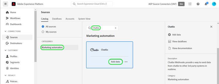 Catalogo dellinterfaccia utente di Platform con scheda Chatlio