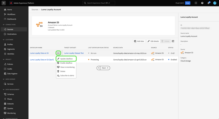 Finestra a discesa con flusso di dati di aggiornamento selezionato.