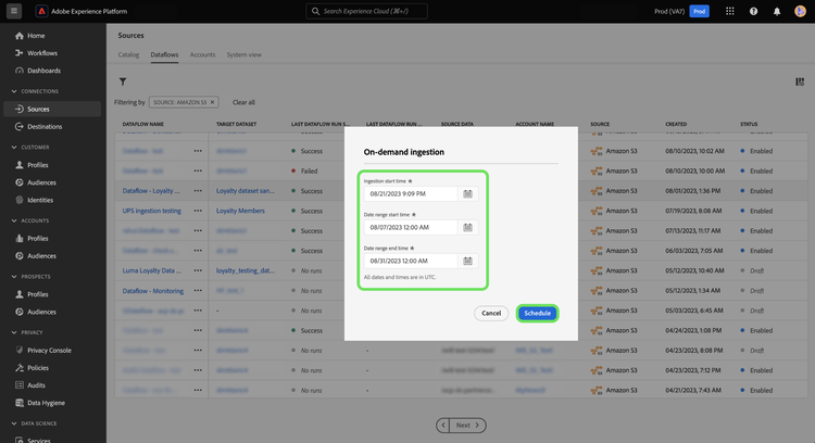 Finestra di configurazione della pianificazione per lacquisizione su richiesta.