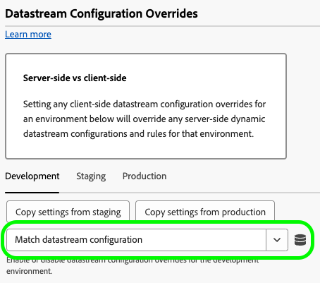 Linterfaccia utente dellestensione tag Web SDK che mostra la configurazione dello stream di dati sostituisce limpostazione predefinita.