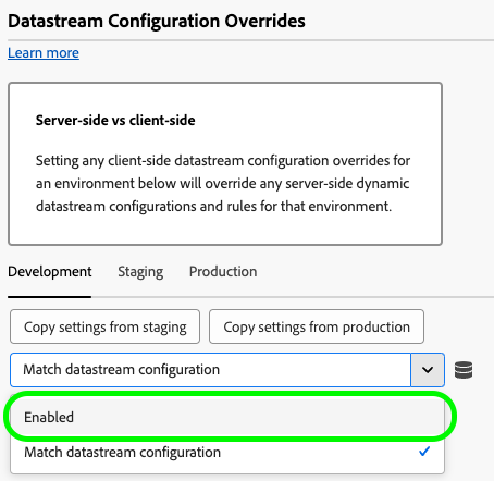 Interfaccia utente dellestensione tag Web SDK che mostra le sostituzioni della configurazione dello stream di dati nellimpostazione Abilitata.