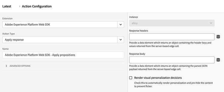 Immagine dellinterfaccia utente di Experience Platform che mostra il tipo di azione di risposta Applica.