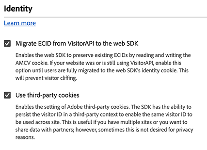 Immagine che mostra le impostazioni di identità dell’estensione tag Web SDK nell’interfaccia utente Tag