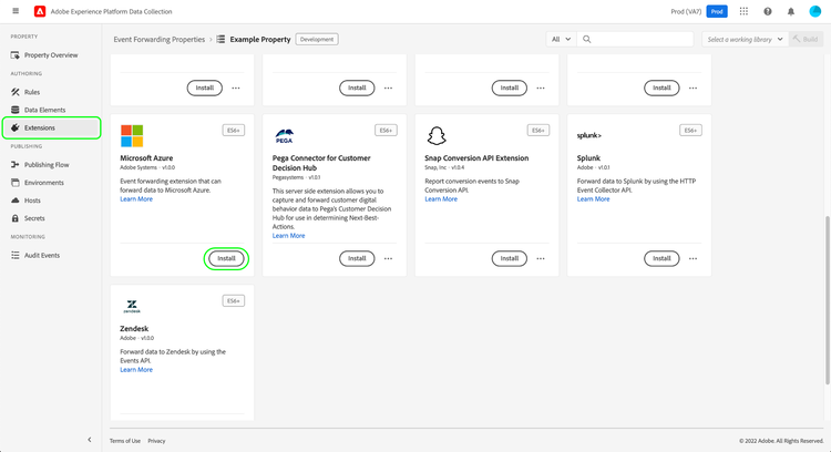 Pulsante Installa selezionato per lestensione Microsoft Azure nellinterfaccia utente di Data Collection.