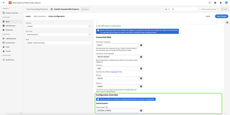 La sezione Configuration Overrides che mostra linput di dati di esempio nel campo.